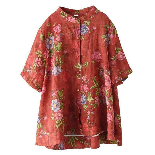 Vintage Digital Printed Cotton Linen Blouse For Women - Mubimart