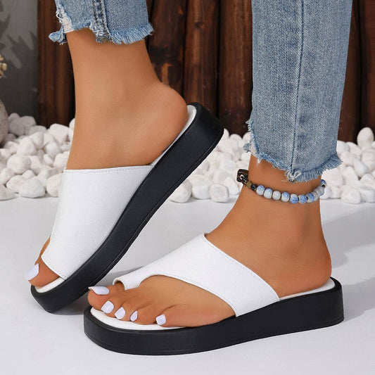 Thick-soled Clip Toe Flat Slippers Outdoor Summer Casual Solid Color Slides Shoes For Women - Mubimart
