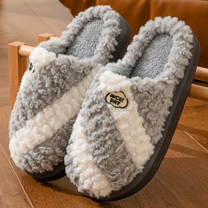 Fashion Color-matching Home Slippers Non-slip Couple House Shoes Winter Warm Floor Bedroom Slipper For Women Men - Mubimart