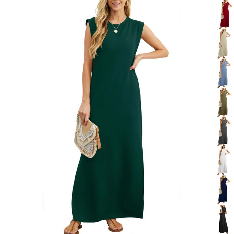 Summer Sleeveless Slit Dress With Pockets Casual Loose Long Dresses For Womens Clothing - Mubimart - Women Plus Size Dress 