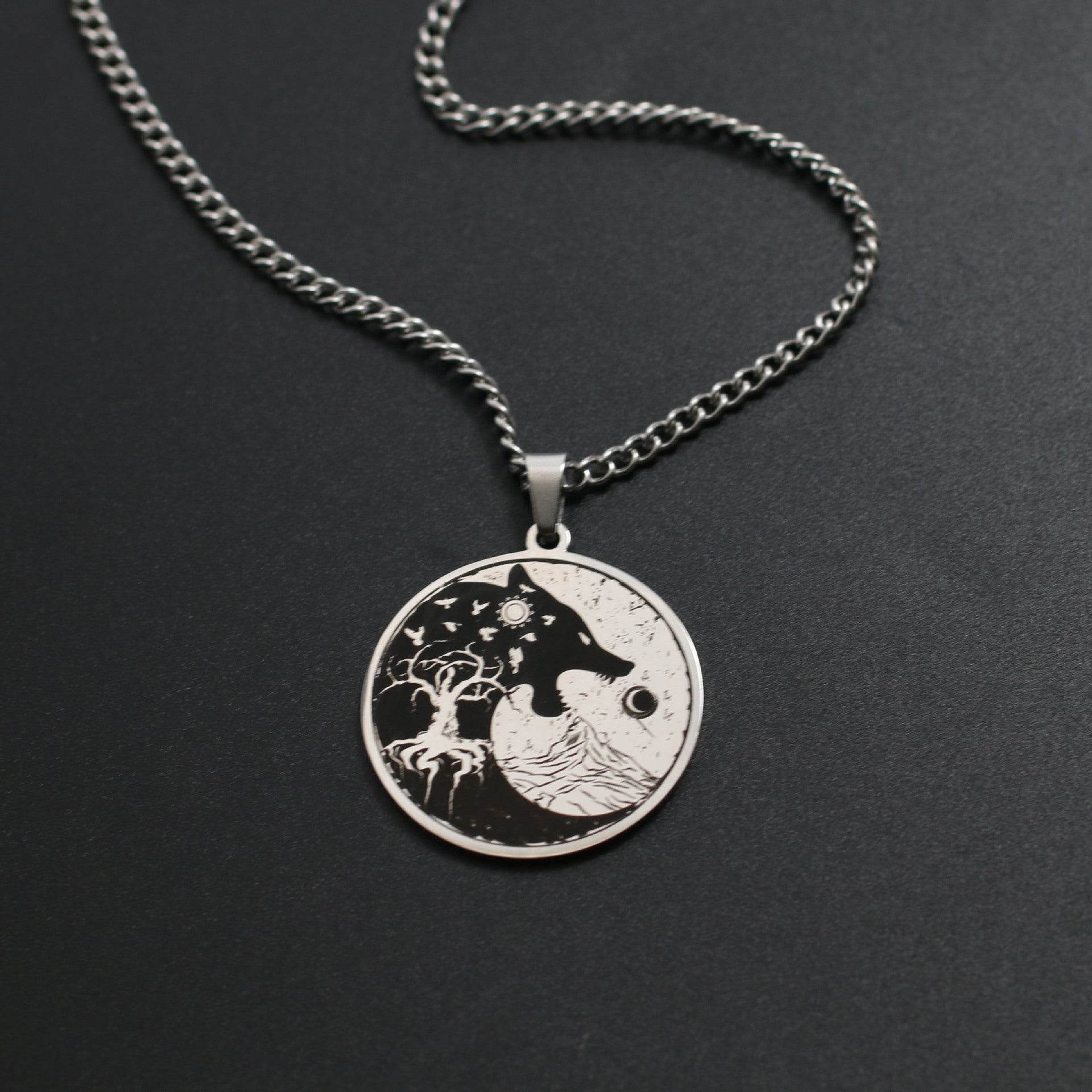 Mens Vintage Wolf Head Tree Of Life Pendant Necklace - Mubimart