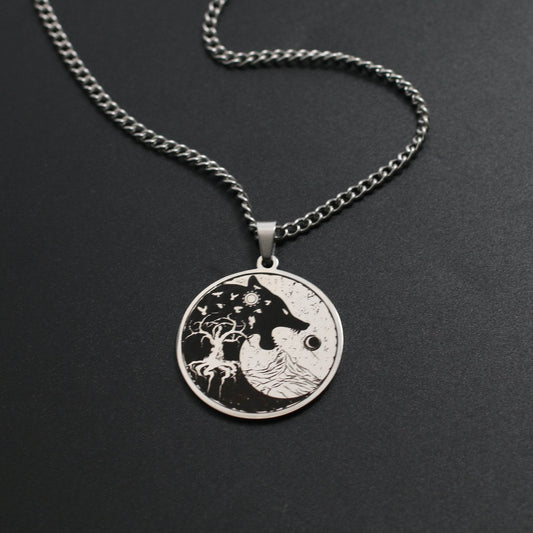 Mens Vintage Wolf Head Tree Of Life Pendant Necklace - Mubimart