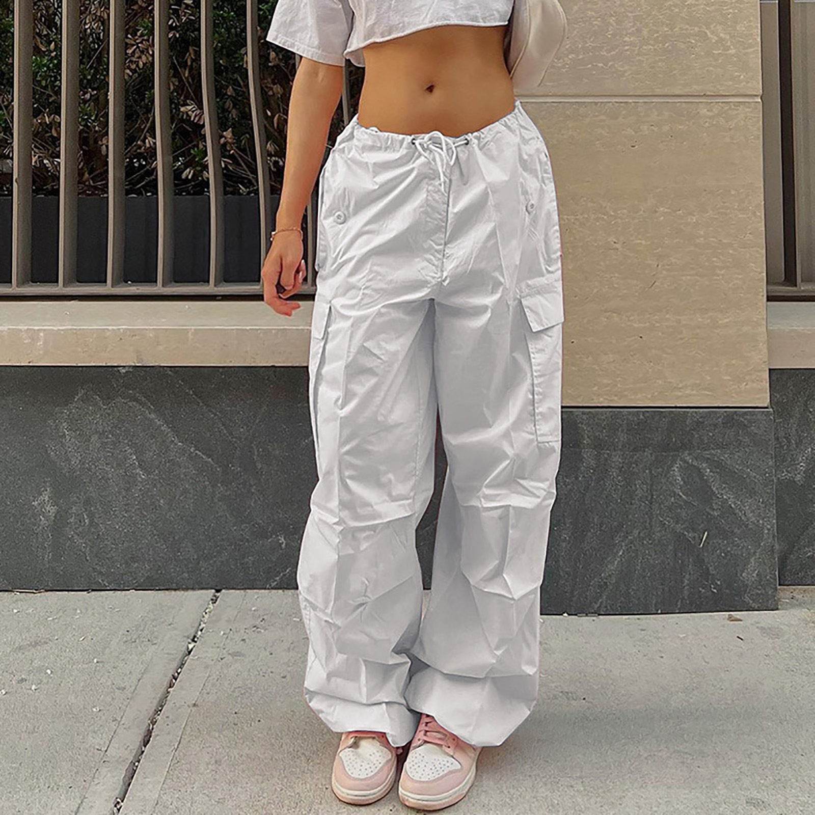 Casual Cargo Pants For Women Solid Color Drawstring Pocket Design Fashion Street Trousers Girls - Mubimart