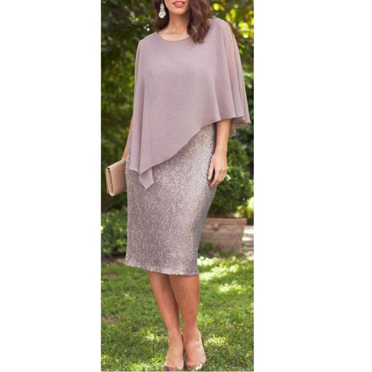 European And American Plus Size Solid Color Chiffon Fake Two-piece Slim Fit Sheath Sexy Party Formal Dress Women - Mubimart