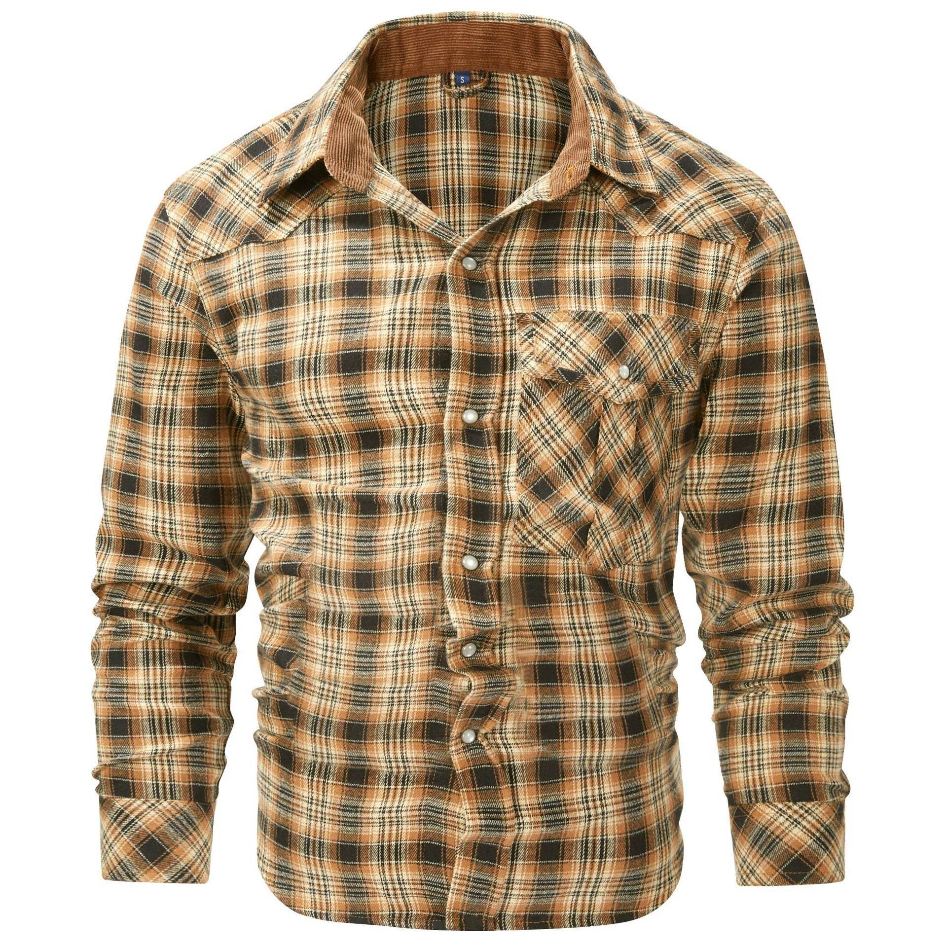 Flannel European And American Retro Pearl Buckle Western Style Long Sleeve Shirt - Mubimart