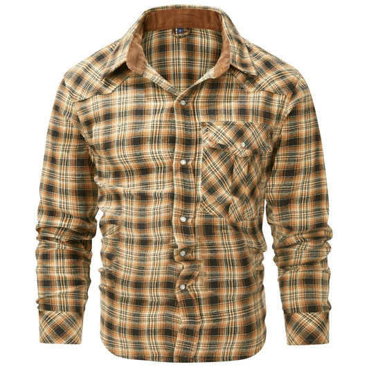 Flannel European And American Retro Pearl Buckle Western Style Long Sleeve Shirt - Mubimart