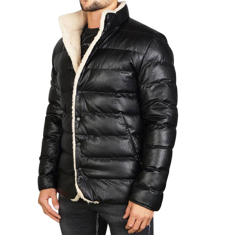 Black PU Leather Puffer Jacket Mid-length Slim-fit Men's Bread Jacket - Mubimart