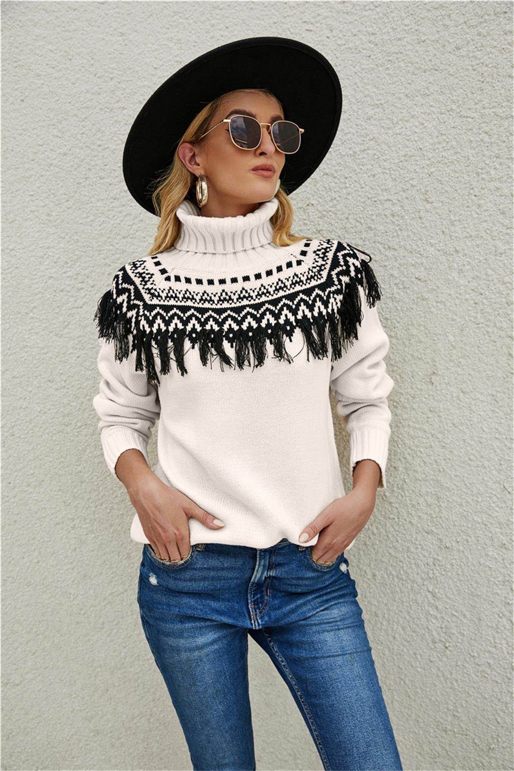 New Cross-border Amazon Fashion Pullover Plus Size Ladies Tassel Knitted Sweater European And American Turtleneck Sweater - Mubimart