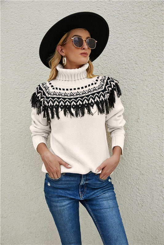 New Cross-border Amazon Fashion Pullover Plus Size Ladies Tassel Knitted Sweater European And American Turtleneck Sweater - Mubimart