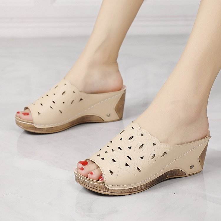 Women's Stylish Peep Toe Slip-on Wedge Sandal - Mubimart