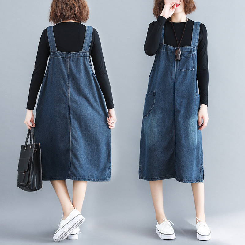 Women's Plus Size Denim Strap Pocket Literary Retro Dress - Mubimart - Denim Dress 