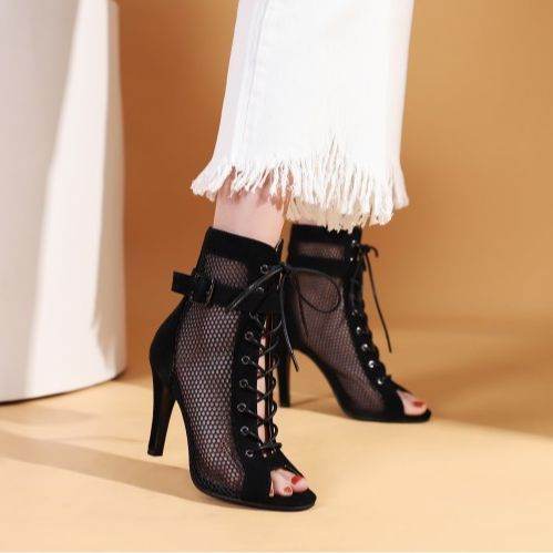 Stylish Peep Toe Hollow Mesh Cross Lace-up Buckle Dance High Heels - Mubimart