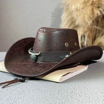 Wide Brim Cow Head Belt Embroidered Western Cowboy Hat Outdoor Tibetan Fedora - Mubimart