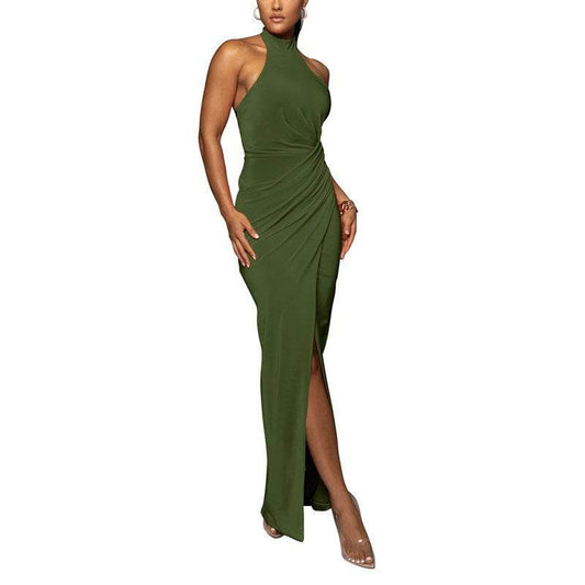 Halter Slit Formal Dress Long Dress Pleated Sleeveless - Mubimart