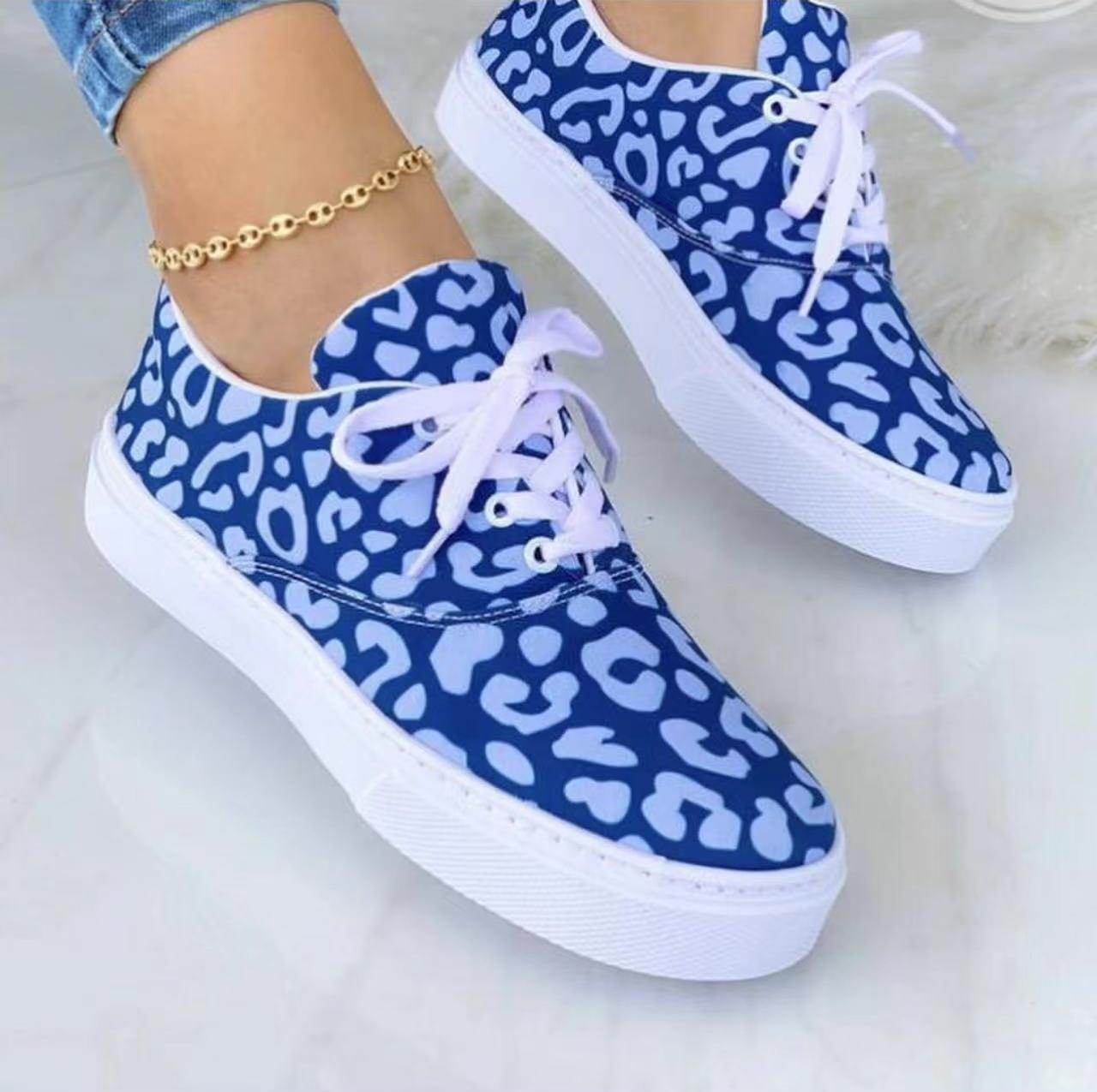 Lace-up Flats Shoes Print Canvas Fashion Walking Sneakers Women - Mubimart