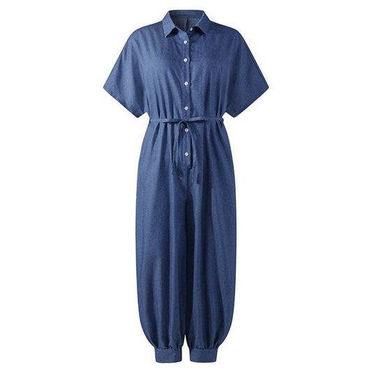Solid Color Plus Size Casual Short Sleeve Denim Jumpsuit - Mubimart