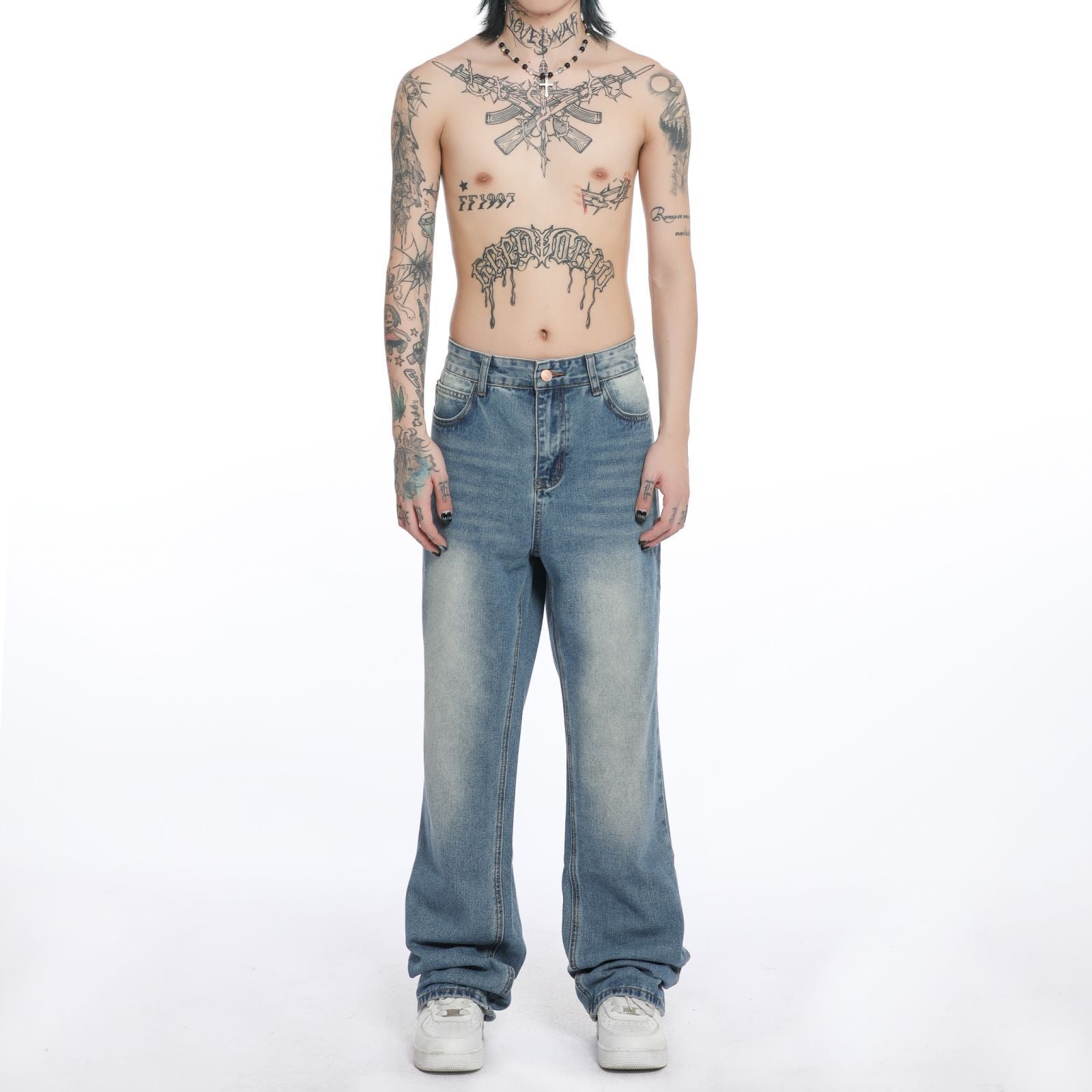 Heren gewassen blauwe jeans rechte bootcut broek