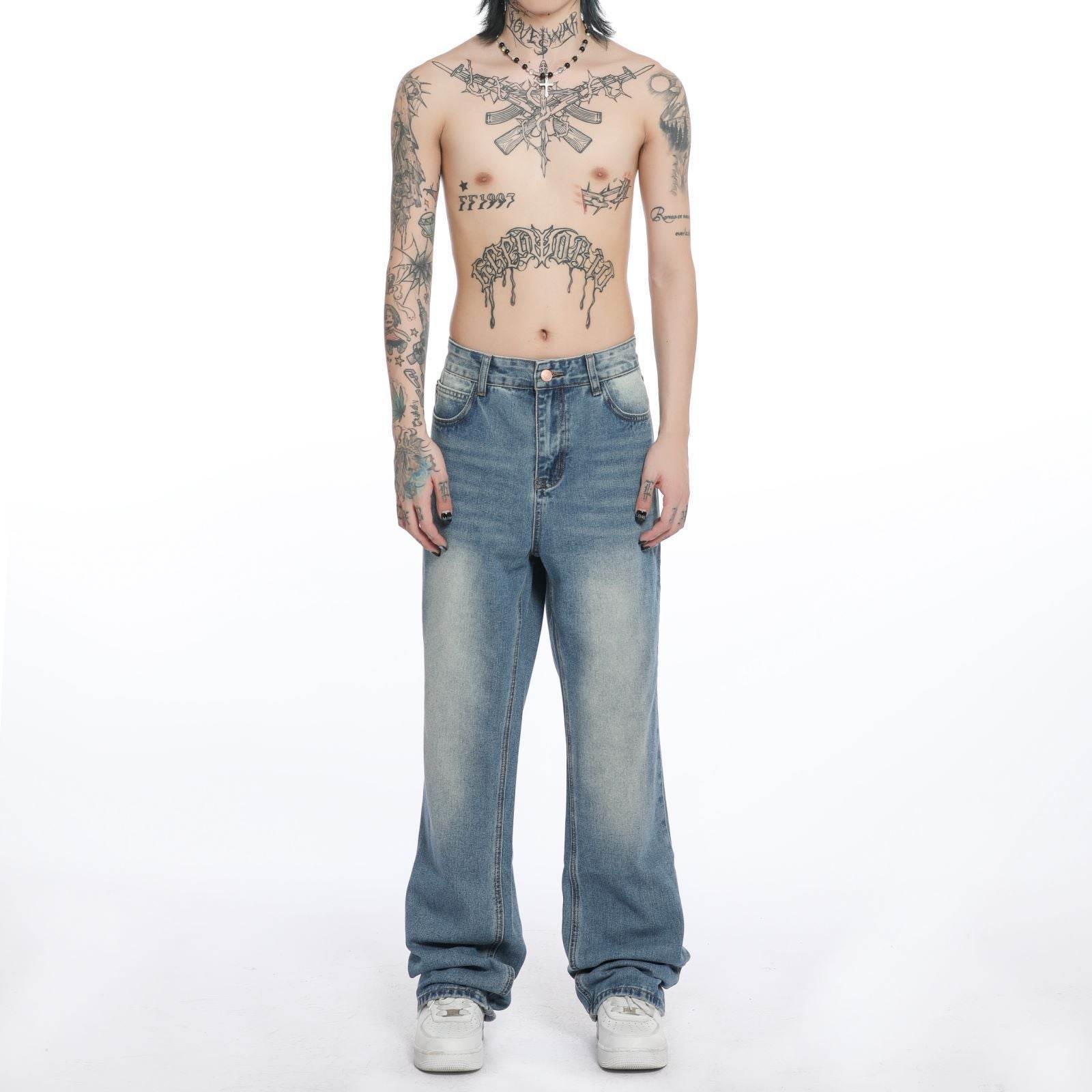 Men's Washed Blue Jeans Straight Bootcut Trousers - Mubimart