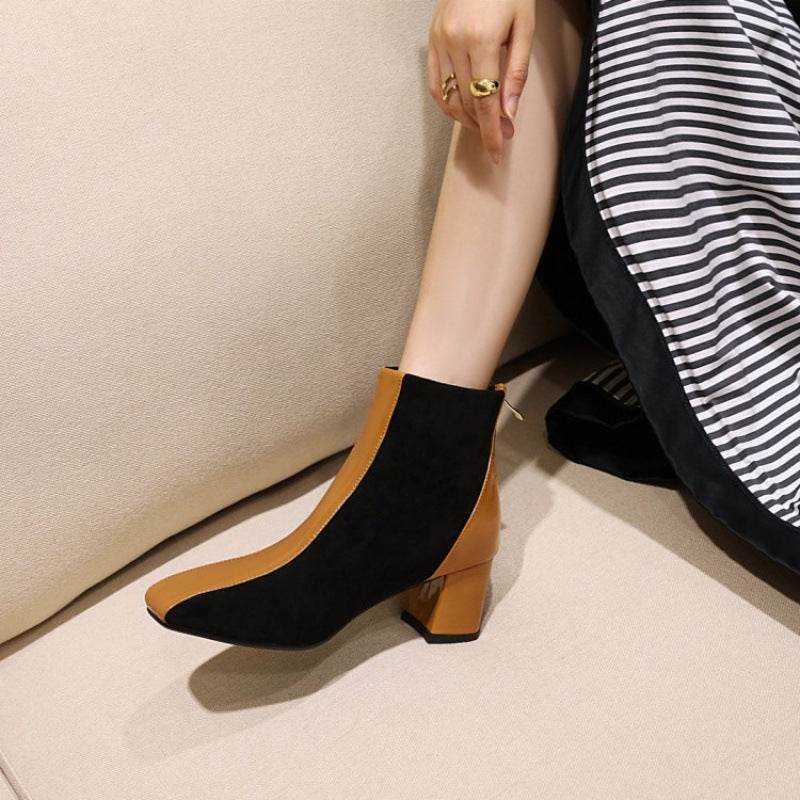 Fashion Ladies Square Toe Thick Heel Boots - Mubimart