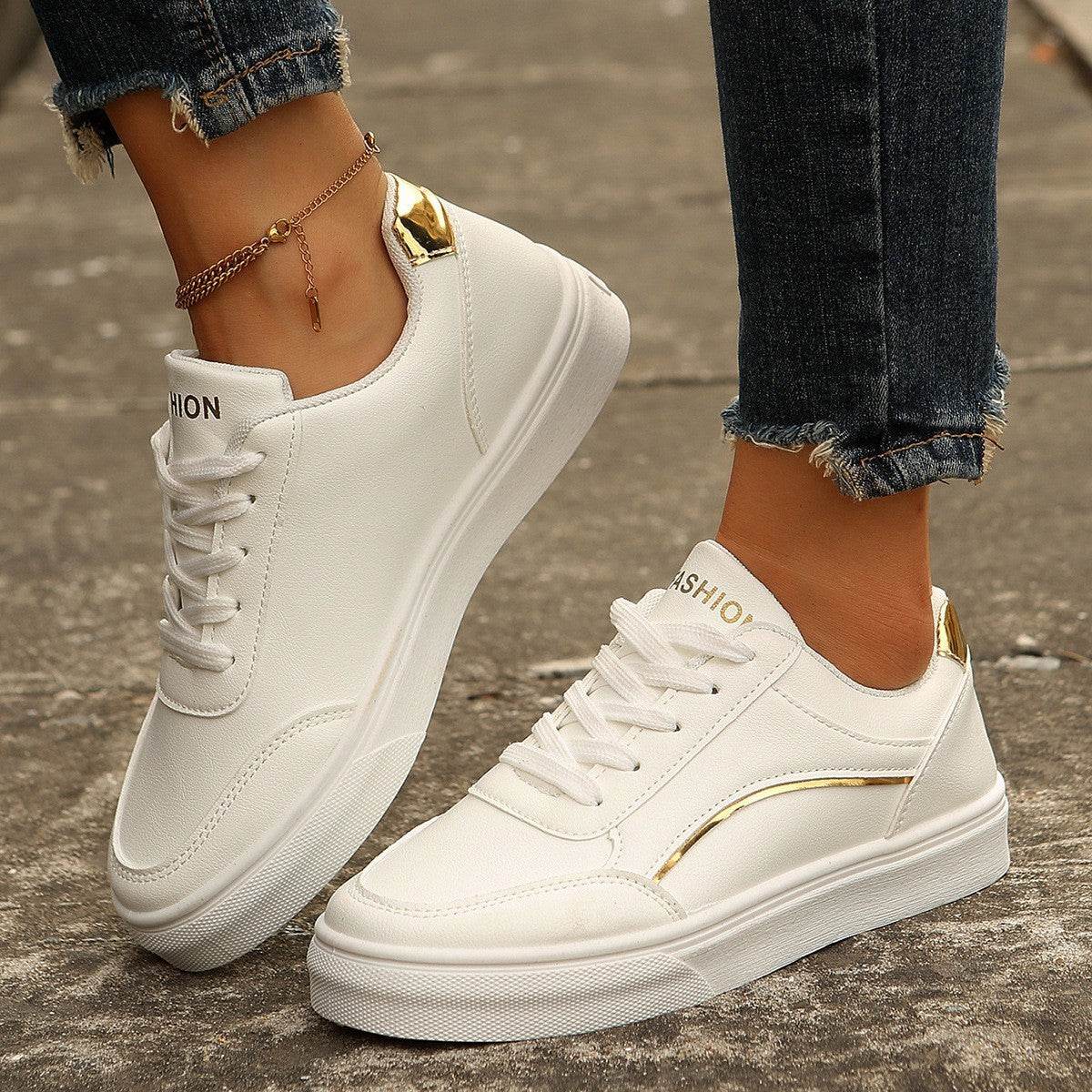 Lace-up White Flats Shoes Fashion Round Toe Slip-on Thick Sole Casual Shoes For Women - Mubimart