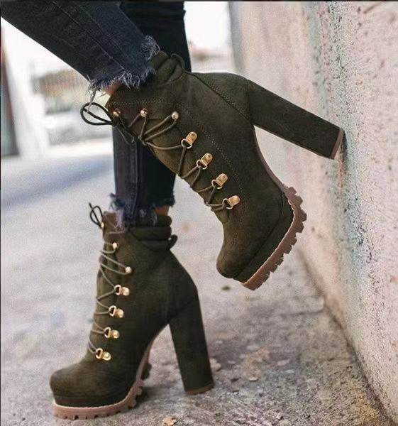 Heeled Boots For Women Round Toe Lace UP High Heels Boots Mid Calf Shoes - Mubimart