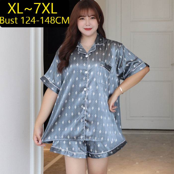Summer Plus Size Ladies Ice Silk Short Sleeve Pajama Set - Mubimart