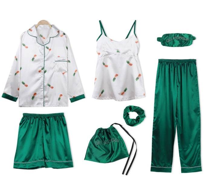 Simulated Silk Striped Seven-piece Loungewear - Mubimart