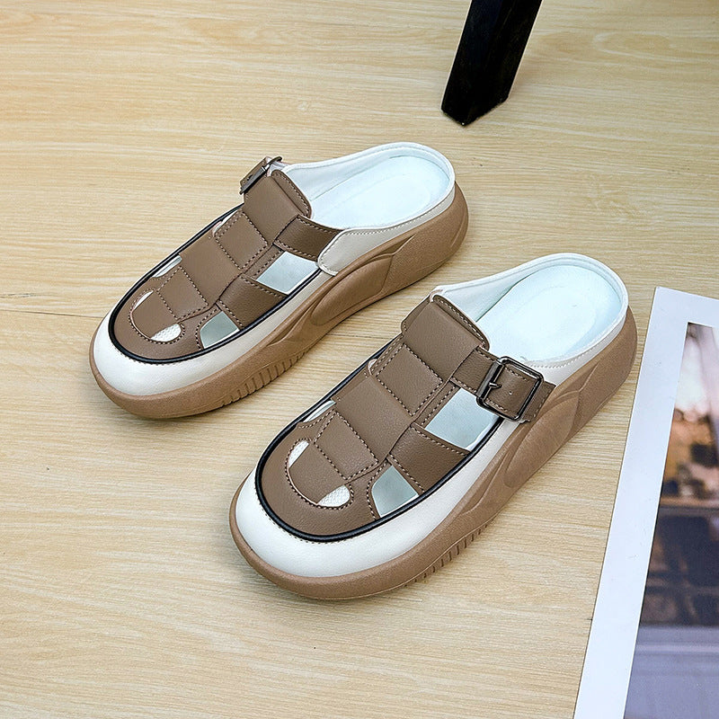 Thick-soled Closed-toe Slippers Summer Outdoor Garden Hollow Buckle Slide Sandals Casual Beach Shoes - Mubimart -  