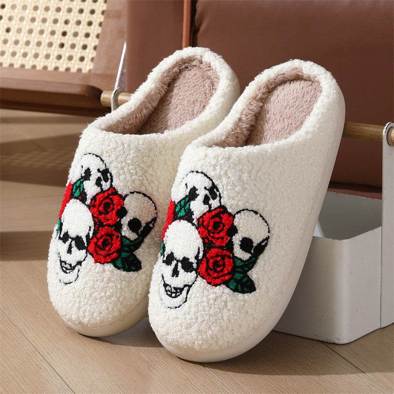 Halloween Skull Rose Slippers Winter Warm Indoor Floor Bedroom Home Slipper For Women - Mubimart
