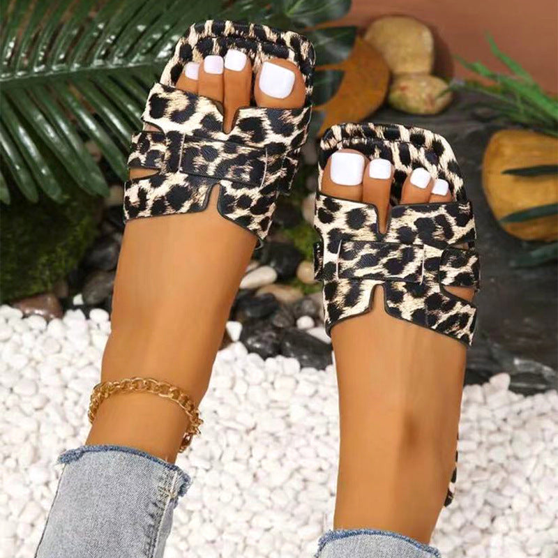 Leopard Print Square Head Women's Slipper - Mubimart -  