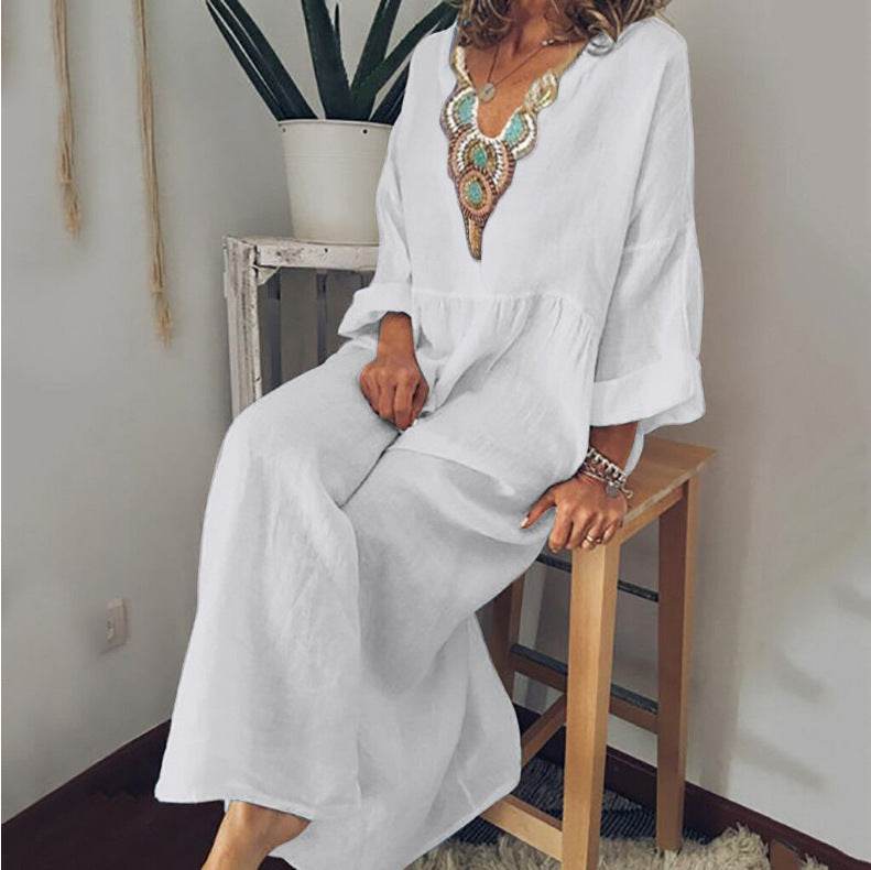 Loose Plus Size Casual Printed Long Sleeve Dress - Mubimart