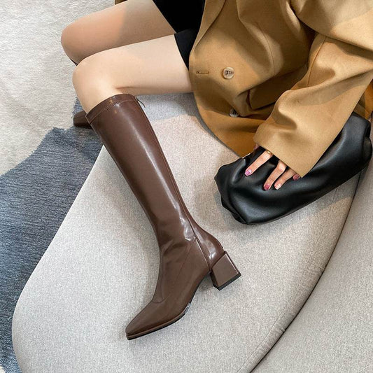 Women's Long Boots With Thick Heels And Square Head Show Thin Tall Thick Legs Elastic Large Circumference - Mubimart