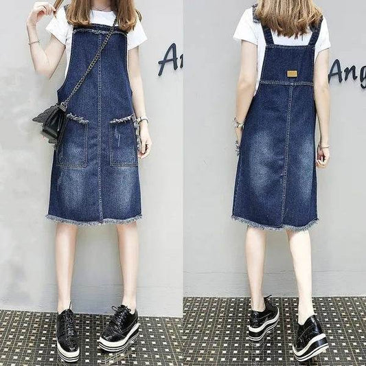 Plus-sized Plus Size Women's Clothing Spring And Summer Slimming Denim Suspender Skirt Slim Fit Dress Fat Sister - Mubimart