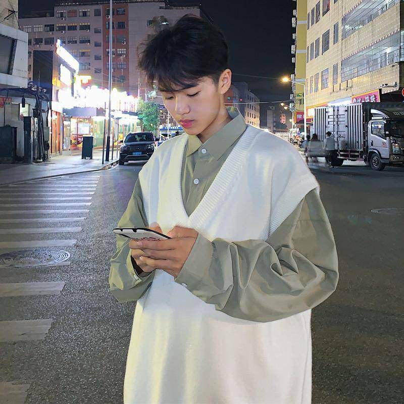 Men's V-neck Sweater Plus Size Vest Knitted Autumn And Winter College Style Waistcoat Vest Coat - Mubimart