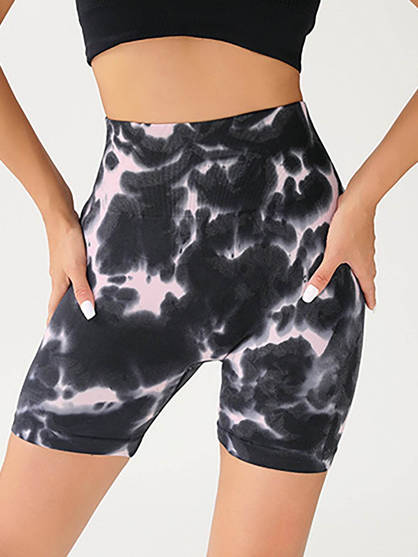 High Waist Tummy Control Yoga Shorts For Women, Tie-Dye Ruched Booty Lifting Workout Fitness Shorts, Hip Lifting Sports Activewear, Gym Exercise Running Shorts - Mubimart