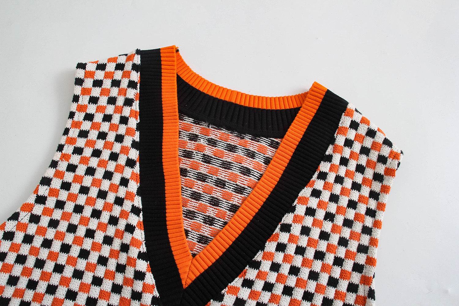 Patchwork Retro Check Vest Vest Sweater - Mubimart