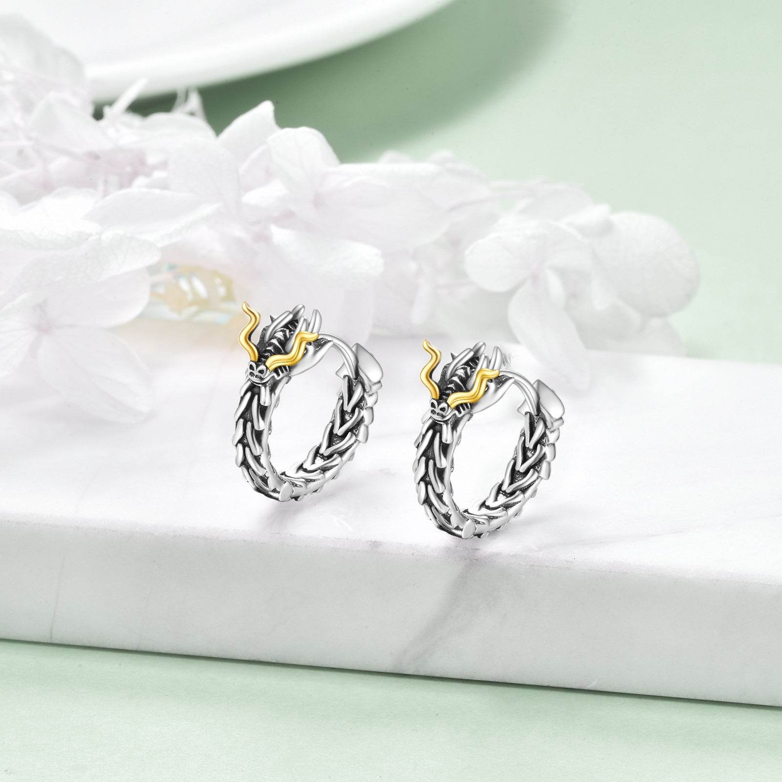 Sterling Silver Dragon Hoop Huggie Earrings Jewelry Gifts for Men - Mubimart
