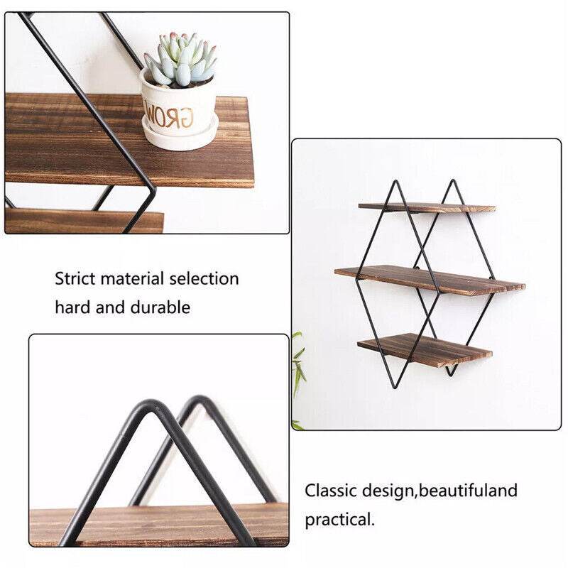 3 Tiered Floating Wall Mounted Display Shelf Wooden Shelves Black Frame Shelving - Mubimart