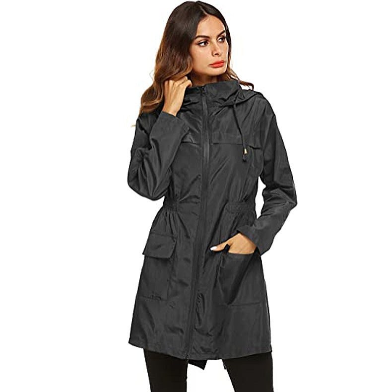 Regenjas met capuchon voor dames, regenjas met middellange lengte, trenchcoat