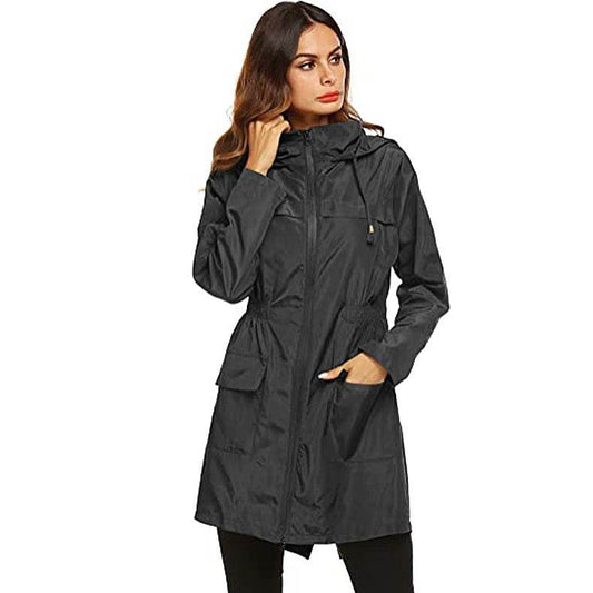 Women's Waist Hooded Raincoat Raincoat Mid-length Trench Coat - Mubimart