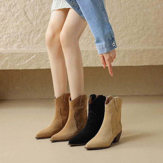 Pointed Toe Chunky Mid Heel Booties Fashion Matte Leather Boots - Mubimart