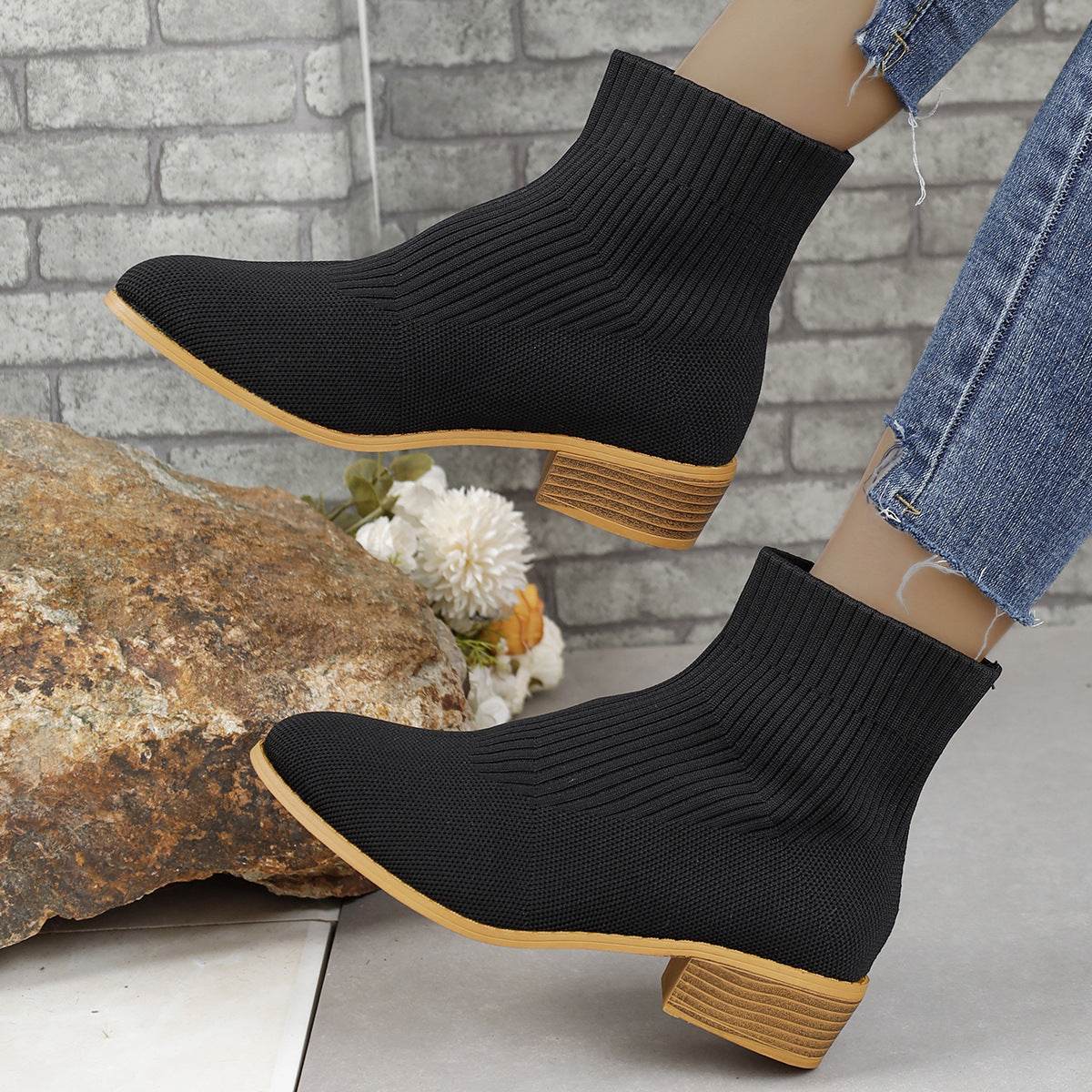Chunky Heel Pointed Toe Ankle Boots Fashion Breathable Mid-tube Knitted Socks Shoes For Women Short Boot - Mubimart