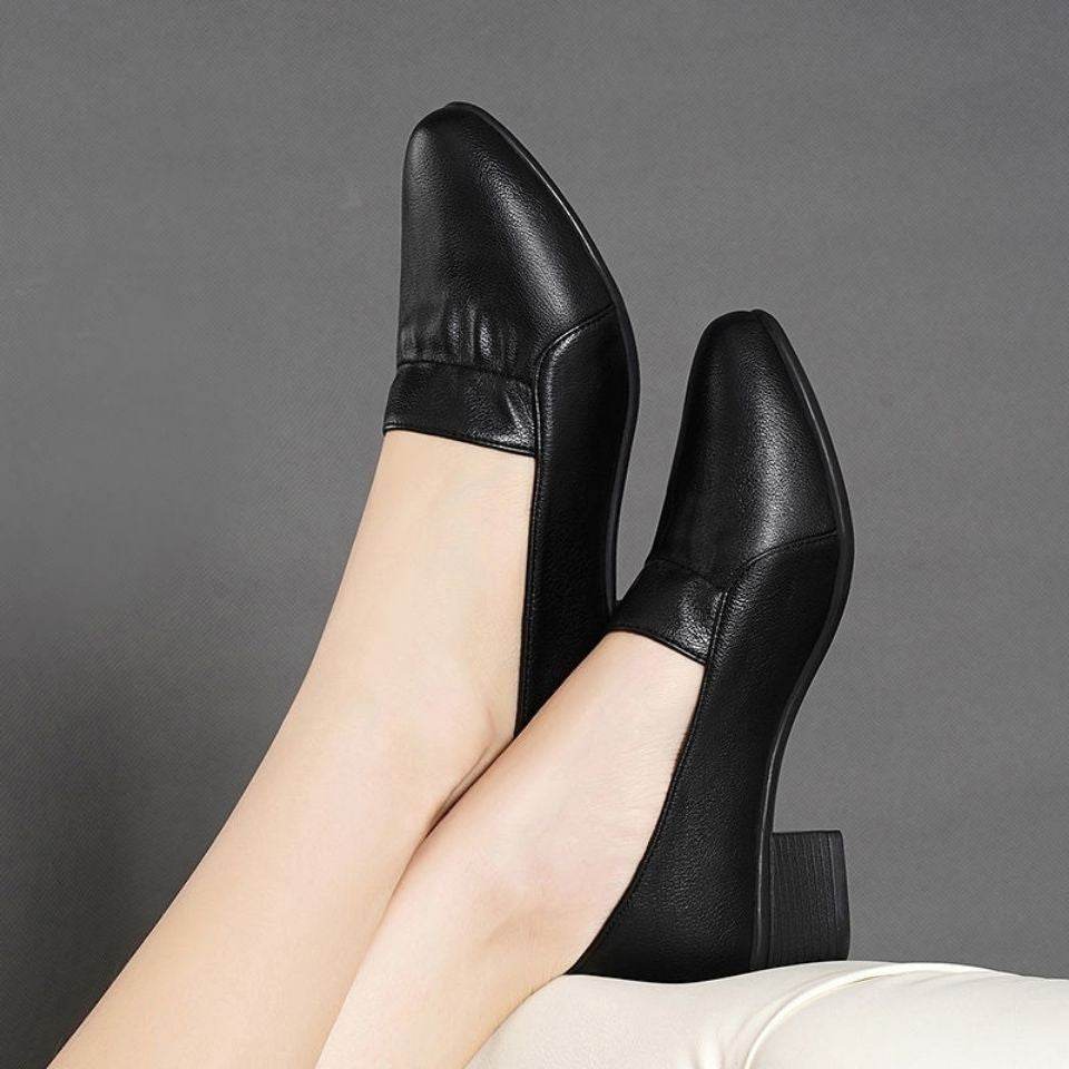 Women's Non-slip Soft Sole Thick Heel Comfortable Casual Work Leather Shoes - Mubimart