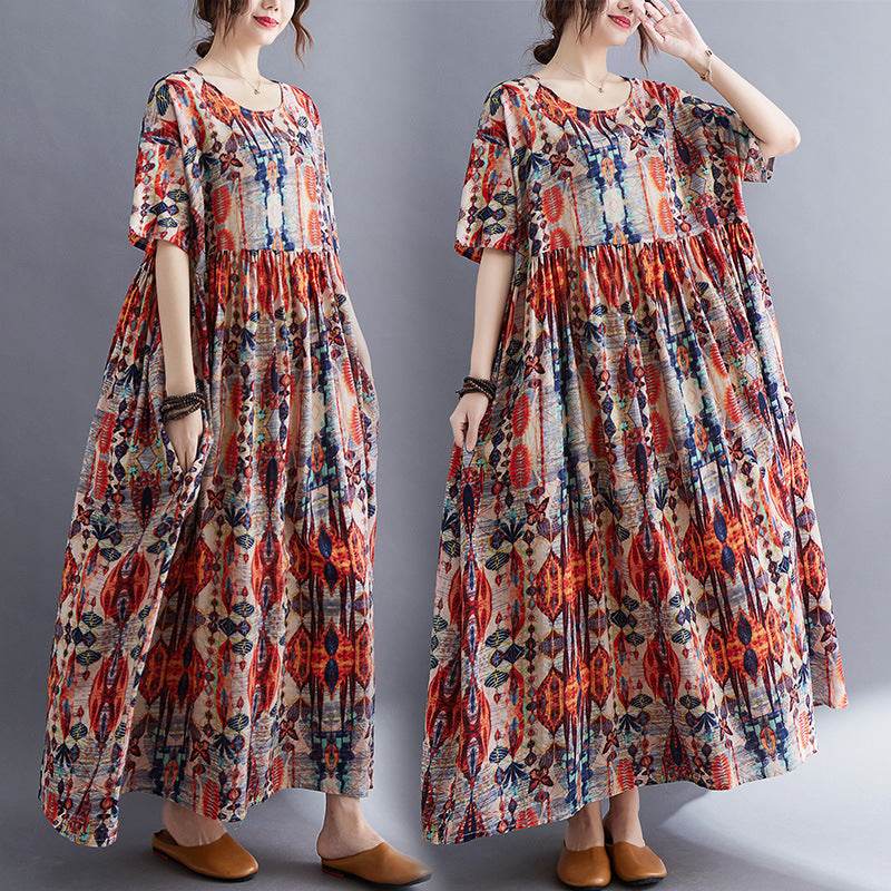 Artistic Plus Size Printed Short Sleeve Dress For Women - Mubimart