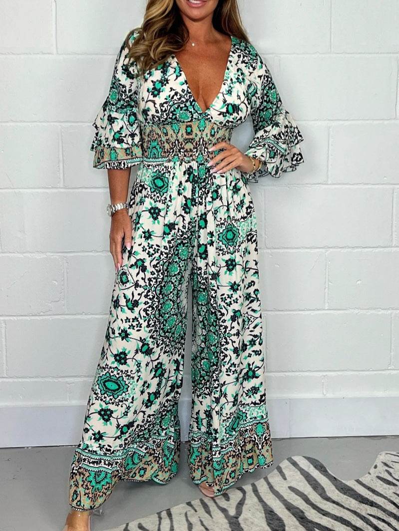 V-neck Printed Jumpsuit Plus Size Casual Jumpsuit - Mubimart