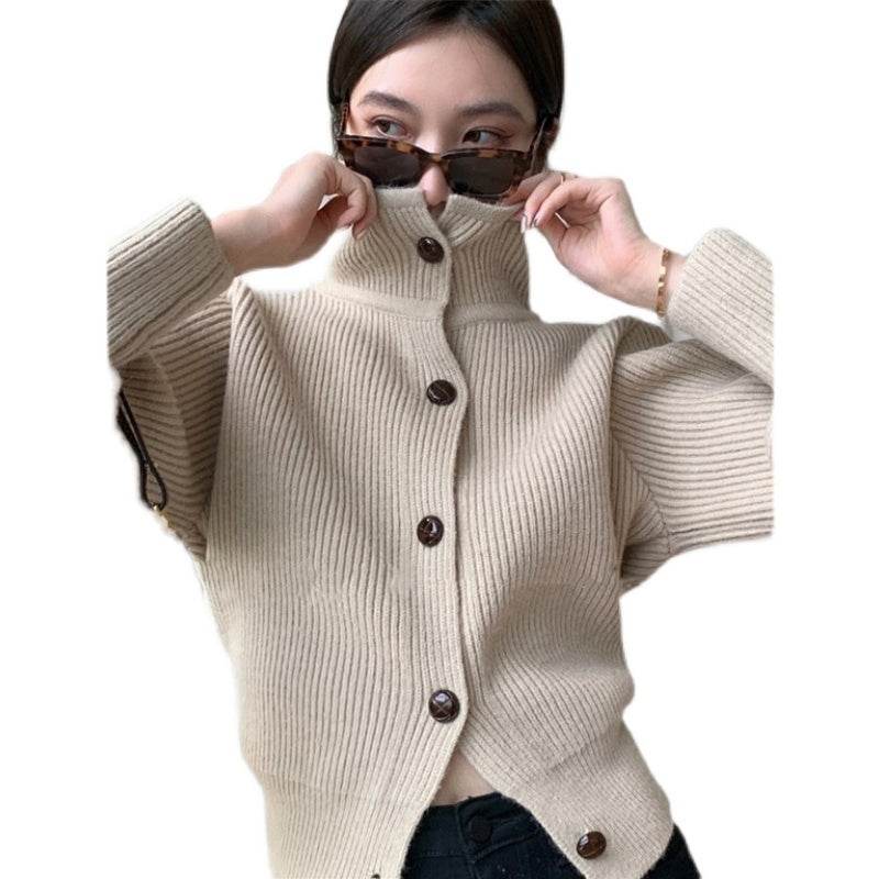 Stand-up Collar Knitted Top Women's Cardigan Loose Long-sleeved Sweater - Mubimart