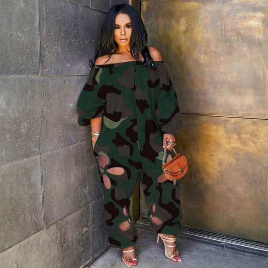 Sexy Slim Backless Crocheted Floral Print Plus Size Jumpsuit - Mubimart