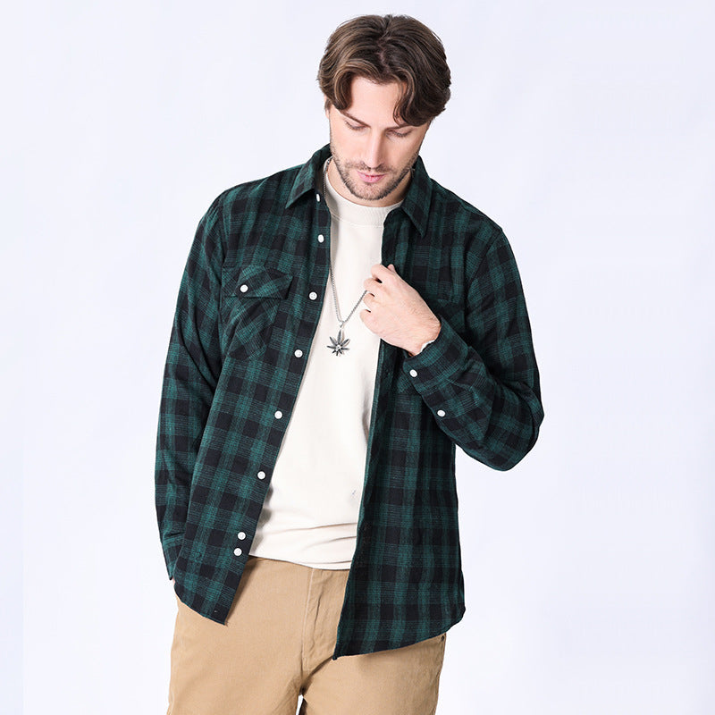 Vintage Flannel Men's Long Sleeve Brushed Plaid Shirt Coat