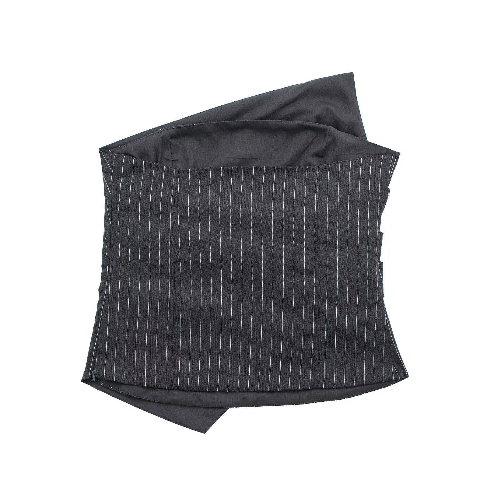 Diagonal Neck Pinstripe Tight Pleated Corset Top - Mubimart