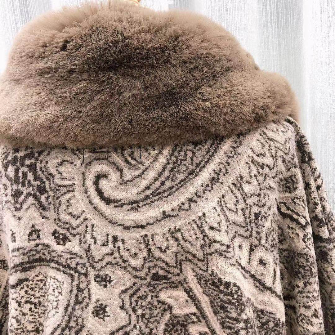 Women's Thick Fur Collar Plus Size Fringed Knitted Shawl Cape With Sleeves - Mubimart